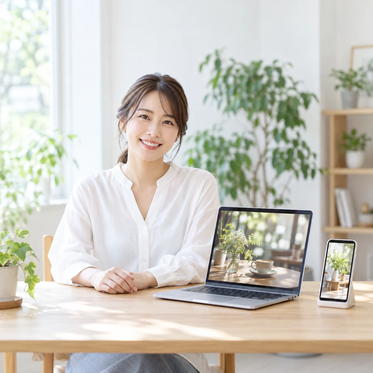 明るい空間で、パソコンとスマートフォンを前に微笑む女性。人物・画面はイメージです。