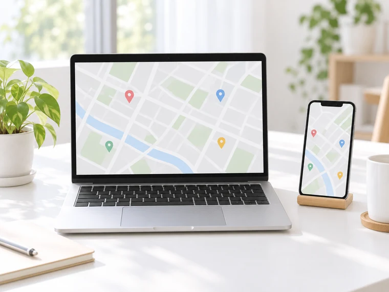 地図をイメージしたパソコンとスマートフォン。実際のツール画面ではありません。