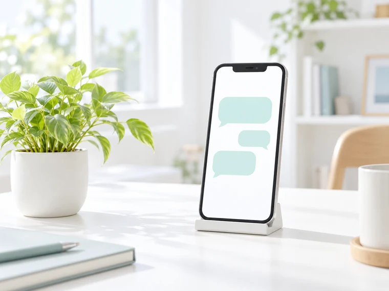 吹き出しを表示したスマートフォンと植物。開発中サービスのイメージです。