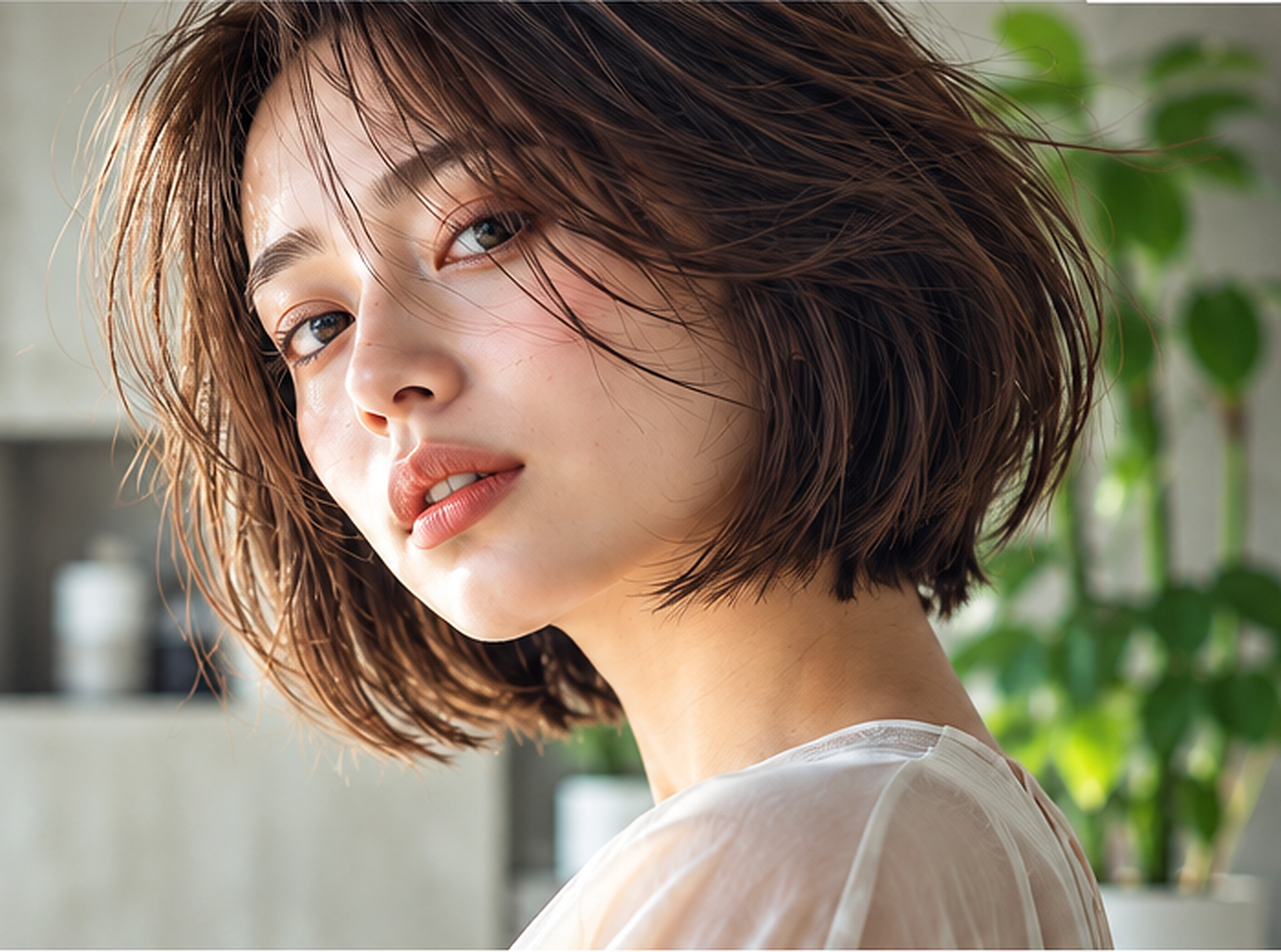 自然光の中のショートボブスタイル