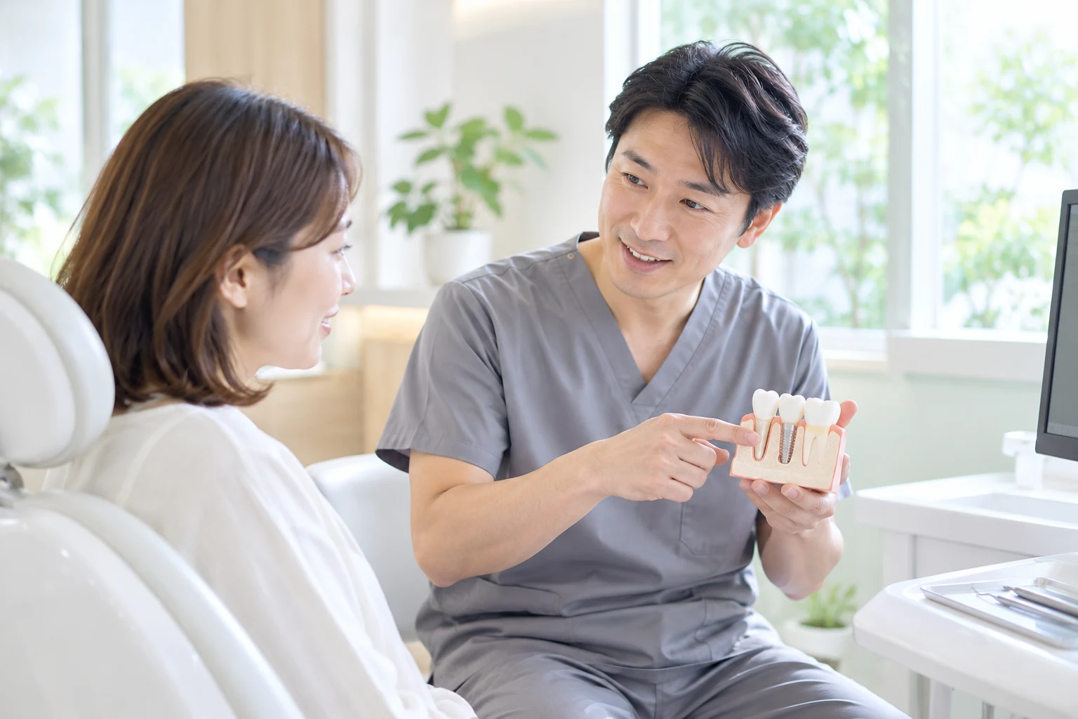 インプラント模型を使って説明する歯科医師