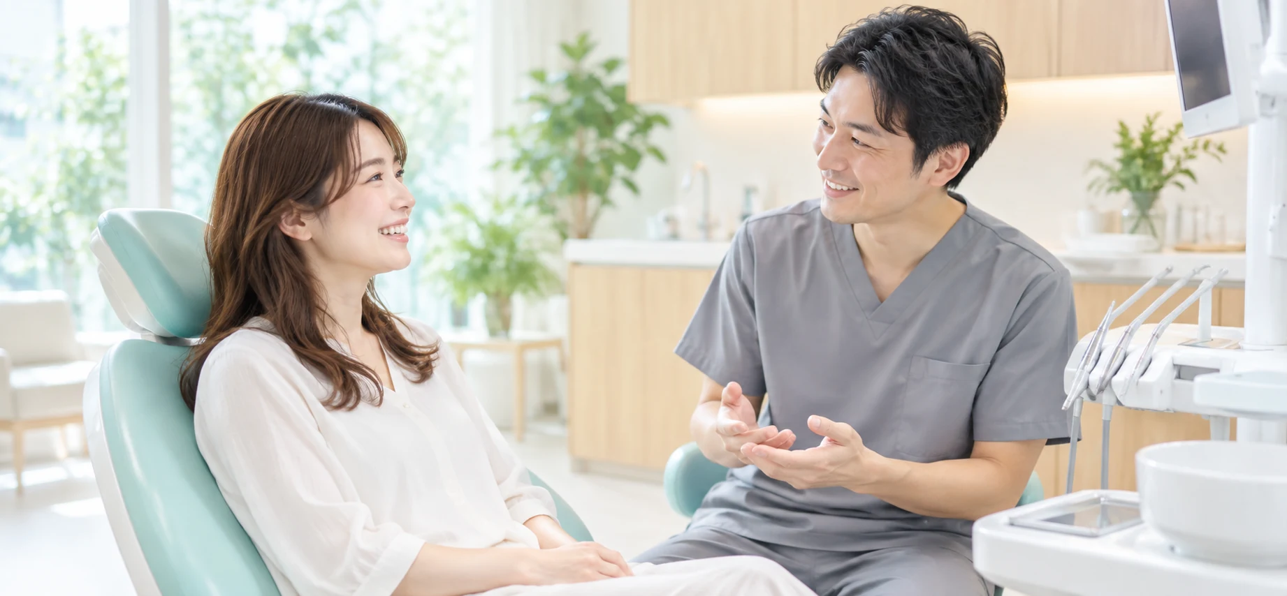 歯科医師と会話する患者
