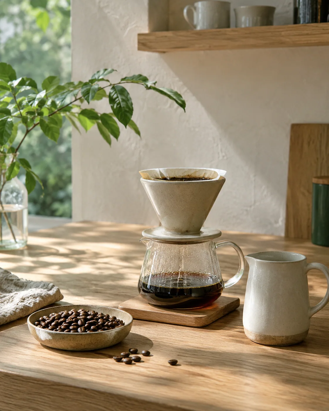 ドリッパーと器、コーヒー豆を並べた木のカウンター