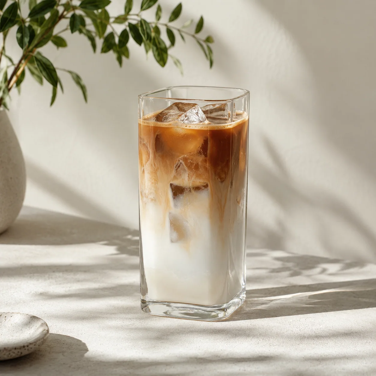 グラスの中でミルクとコーヒーが重なるアイスラテ