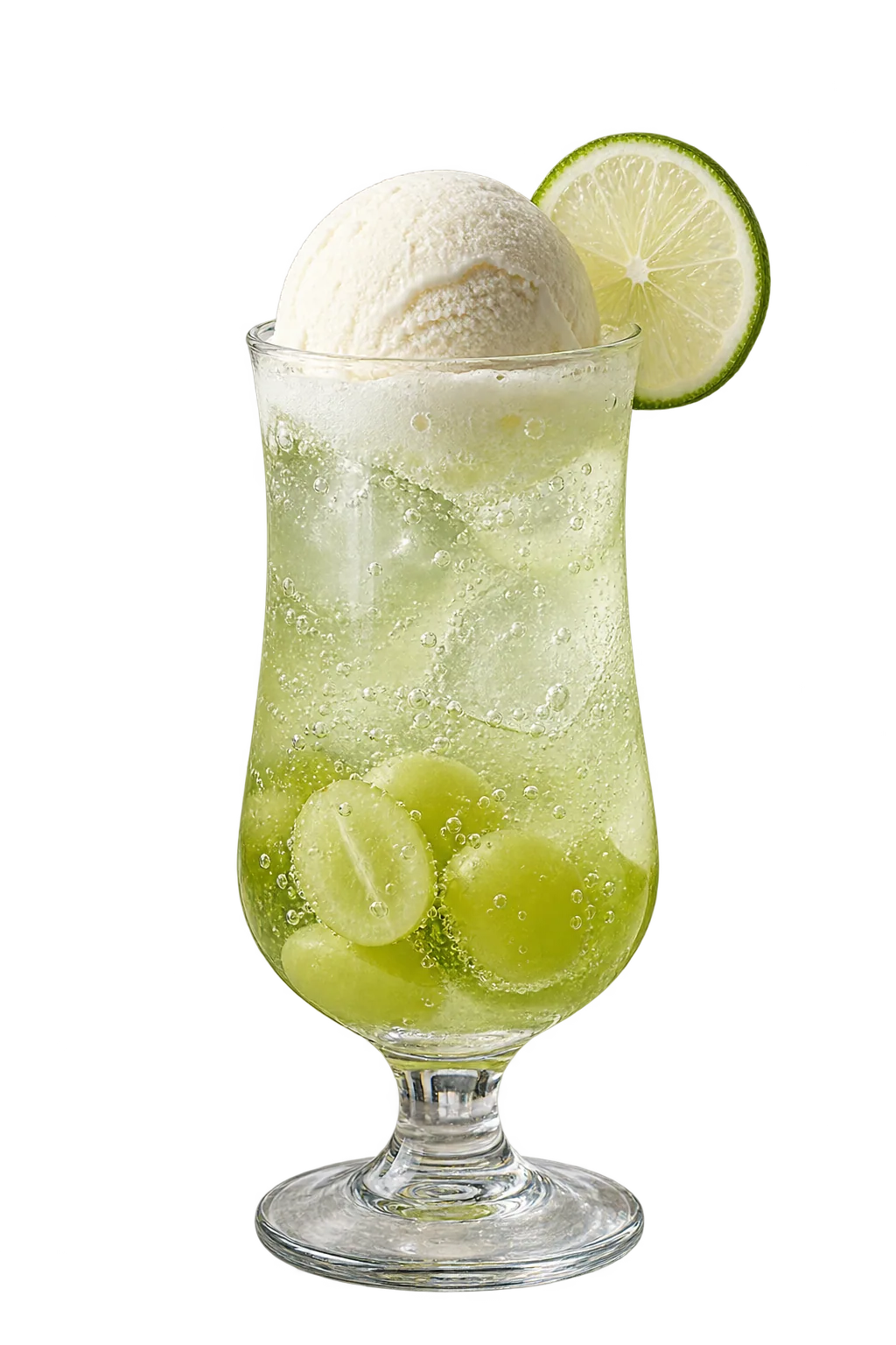 青ぶどうとライムのクリームソーダ。透明な脚付きグラスにバニラアイスを添えて