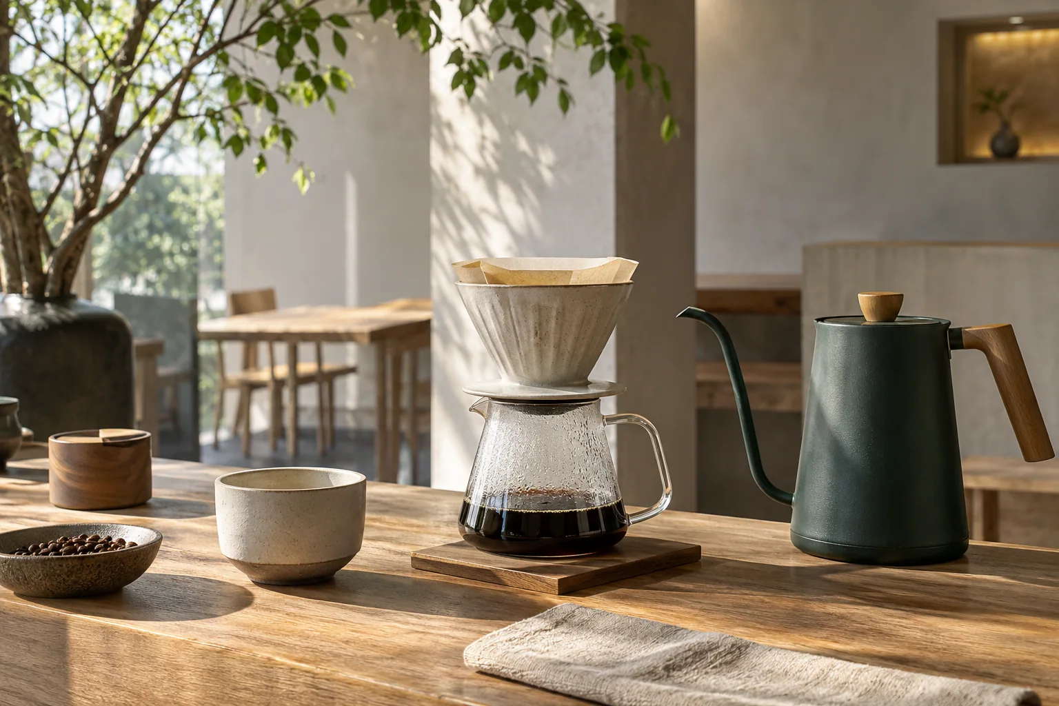 コーヒーを淹れるためのドリッパーとケトル