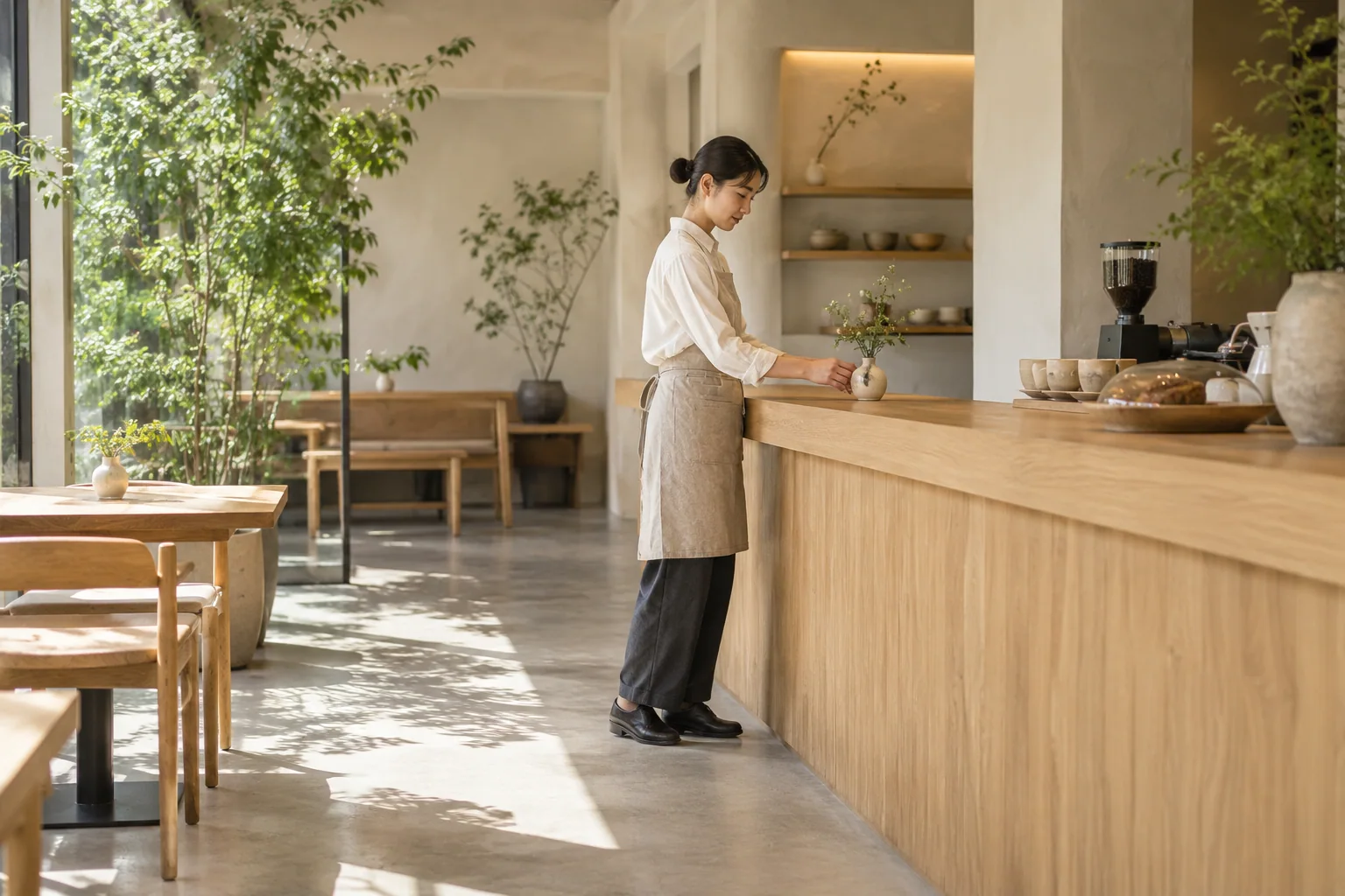 花器を整えるエプロン姿のスタッフの全身