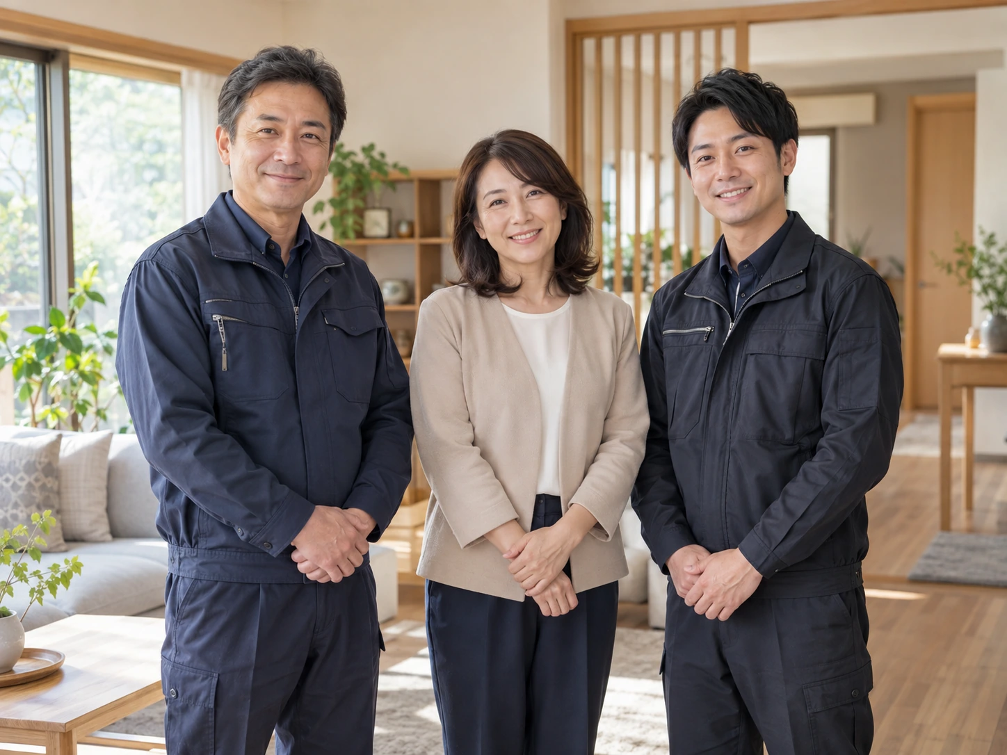 想彩堂の主要スタッフ3名が明るい住まいで並んでいるイメージ