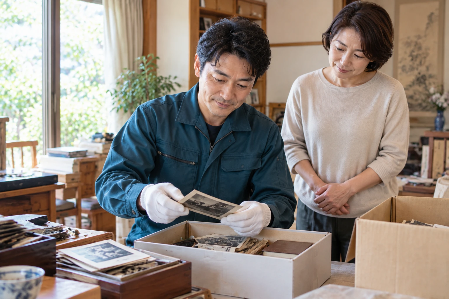 スタッフが思い出の写真を丁寧に確認している遺品整理イメージ