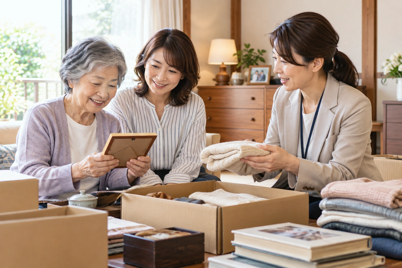 施設入居前に家族と一緒に持ち物を整理するイメージ