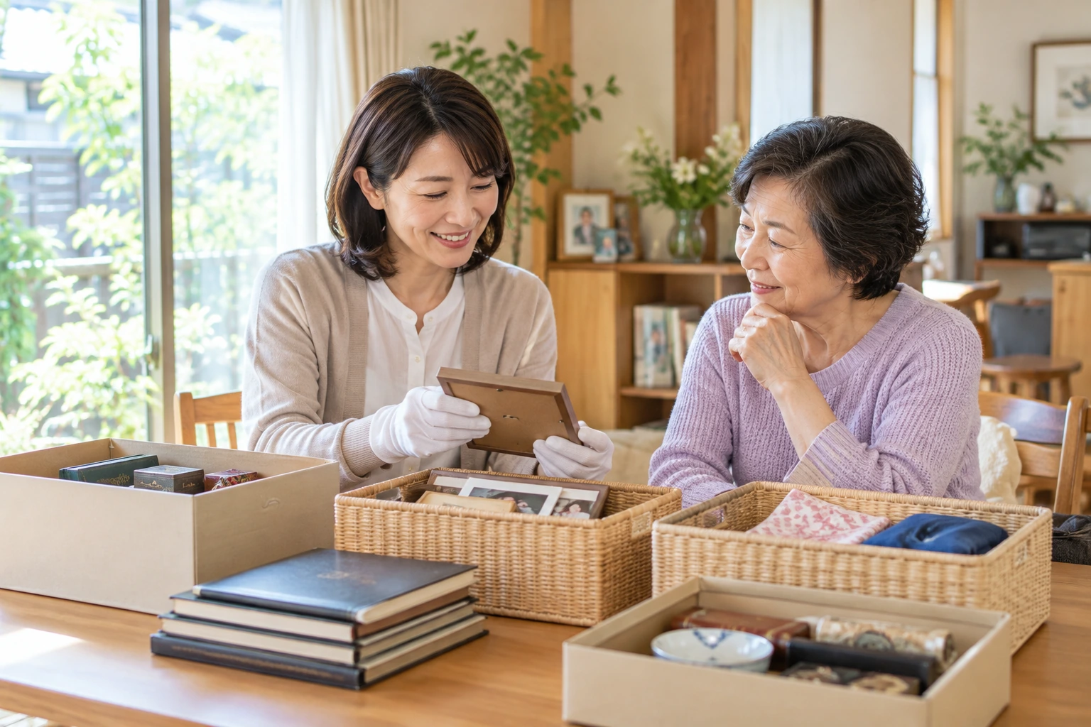 ご本人と女性スタッフが思い出の品を確認する生前整理イメージ