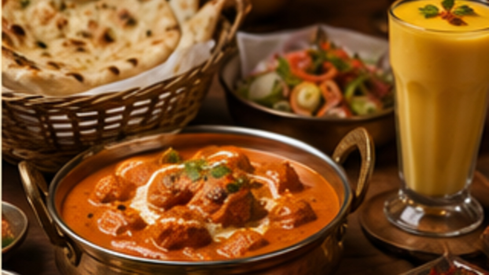 カレー、ナン、タンドリーチキンが並ぶ食卓